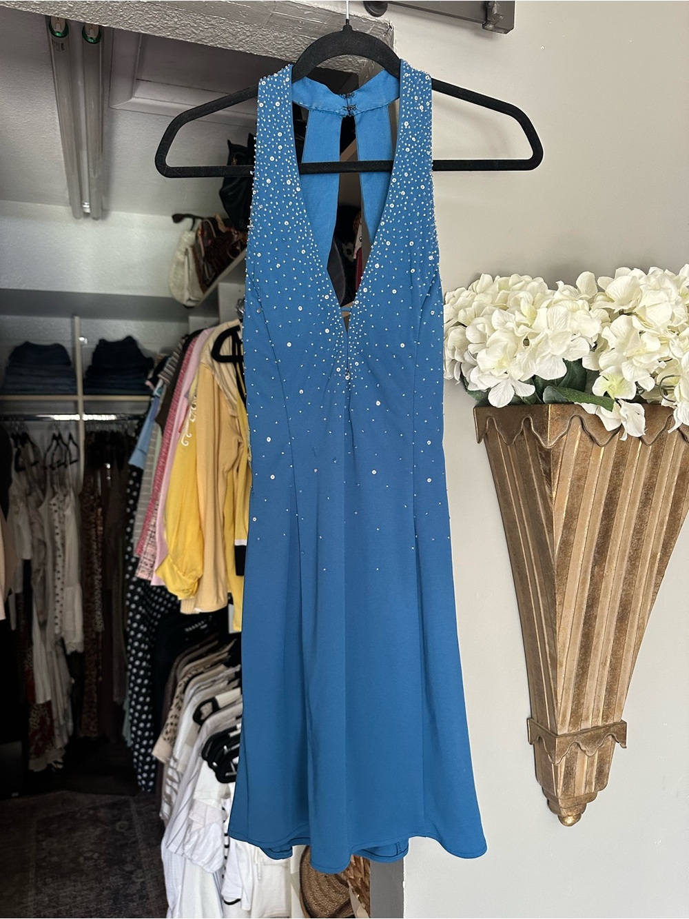 Blue Halter vintage Evening Dress with Crystal Accents